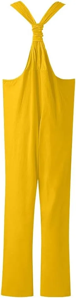 Women's Summer Casual Travel Linen Jumpsuit 2024 Solid Color Sleeveless Beach Rompers Baggy Bib Pants Overalls