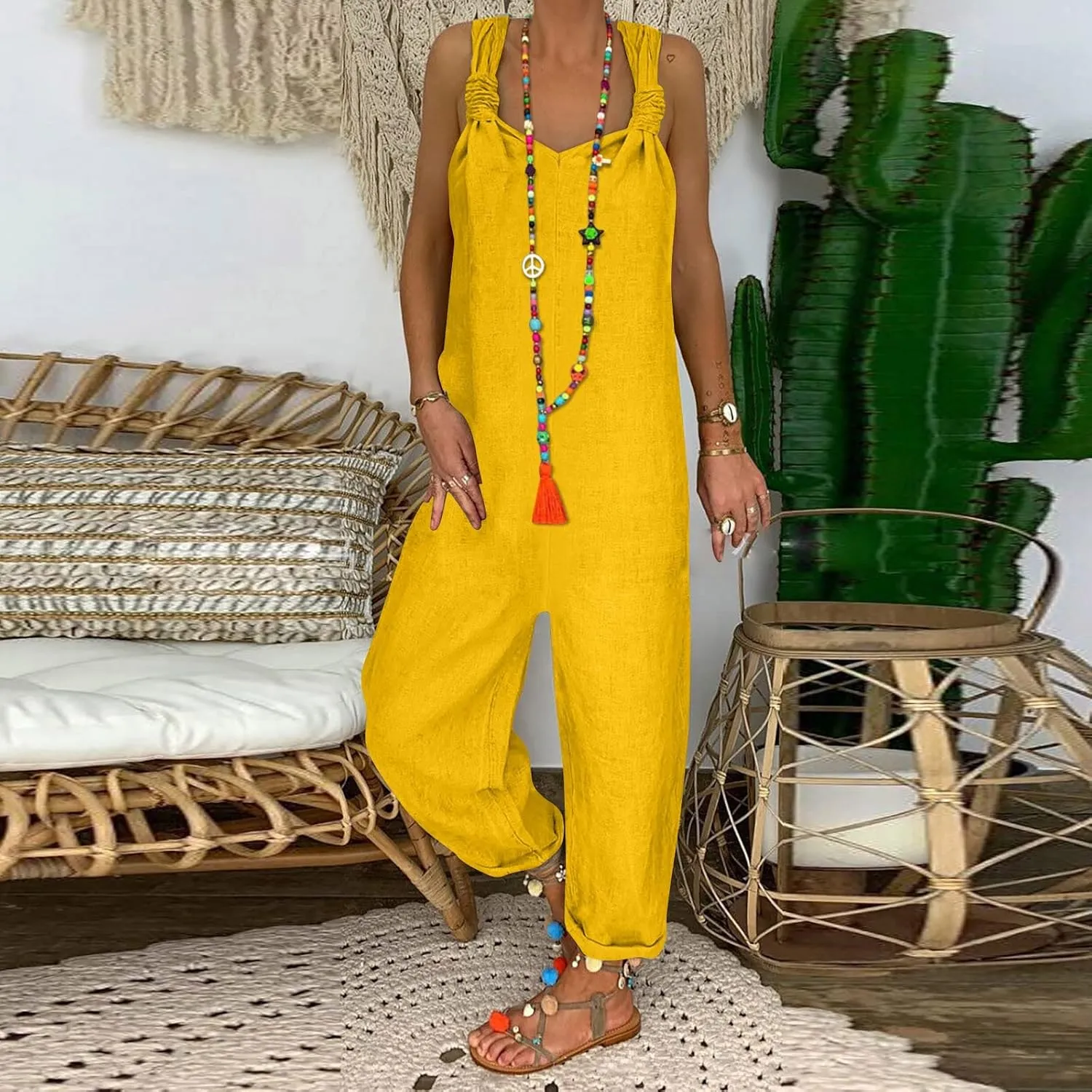 Women's Summer Casual Travel Linen Jumpsuit 2024 Solid Color Sleeveless Beach Rompers Baggy Bib Pants Overalls