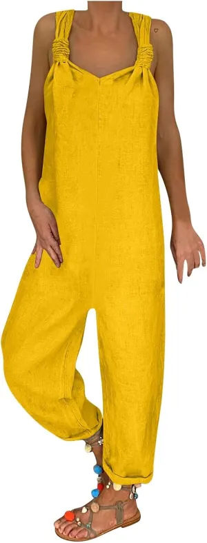Women's Summer Casual Travel Linen Jumpsuit 2024 Solid Color Sleeveless Beach Rompers Baggy Bib Pants Overalls