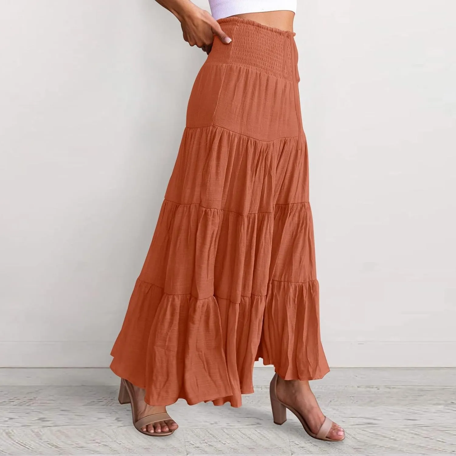 Women's Summer Flowy Boho Maxi Skirt Trendy Smocked Waist Ruffle Tiered A Line Casual Beach Long Skirts Midi Dress