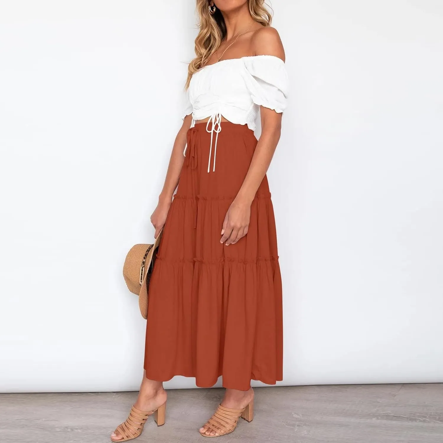 Women's Summer Flowy Boho Maxi Skirt Trendy Smocked Waist Ruffle Tiered A Line Casual Beach Long Skirts Midi Dress