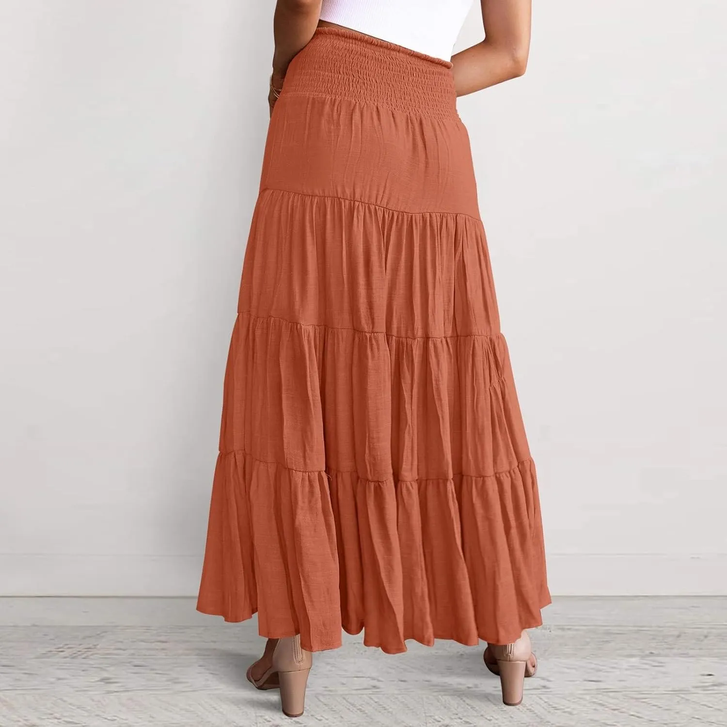 Women's Summer Flowy Boho Maxi Skirt Trendy Smocked Waist Ruffle Tiered A Line Casual Beach Long Skirts Midi Dress