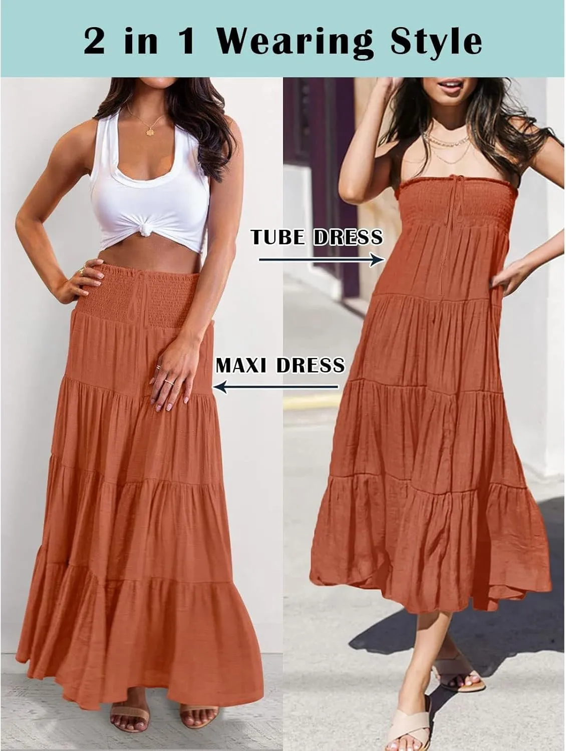 Women's Summer Flowy Boho Maxi Skirt Trendy Smocked Waist Ruffle Tiered A Line Casual Beach Long Skirts Midi Dress