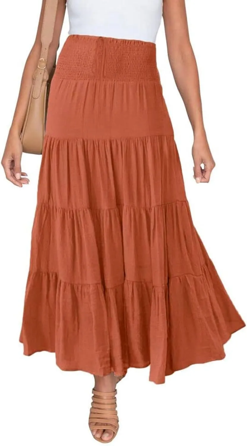 Women's Summer Flowy Boho Maxi Skirt Trendy Smocked Waist Ruffle Tiered A Line Casual Beach Long Skirts Midi Dress