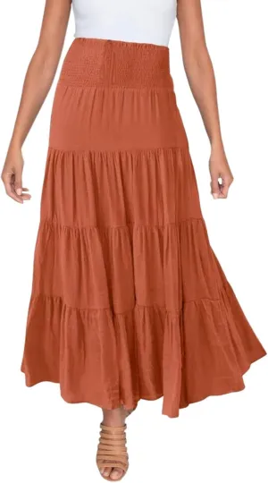 Women's Summer Flowy Boho Maxi Skirt Trendy Smocked Waist Ruffle Tiered A Line Casual Beach Long Skirts Midi Dress