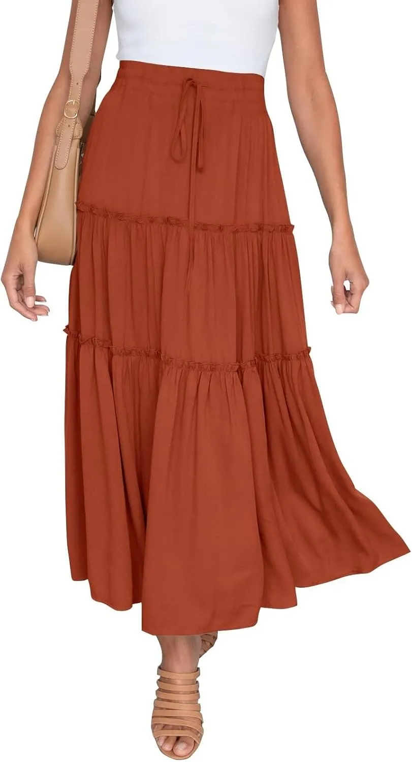 Women's Summer Flowy Boho Maxi Skirt Trendy Smocked Waist Ruffle Tiered A Line Casual Beach Long Skirts Midi Dress