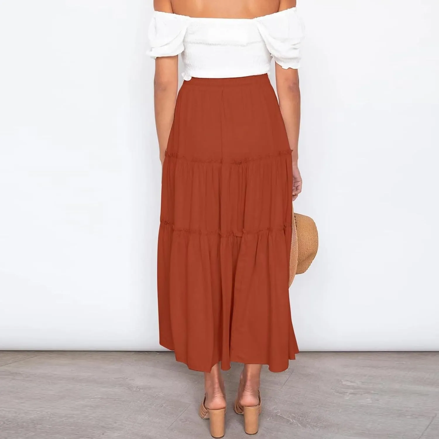 Women's Summer Flowy Boho Maxi Skirt Trendy Smocked Waist Ruffle Tiered A Line Casual Beach Long Skirts Midi Dress