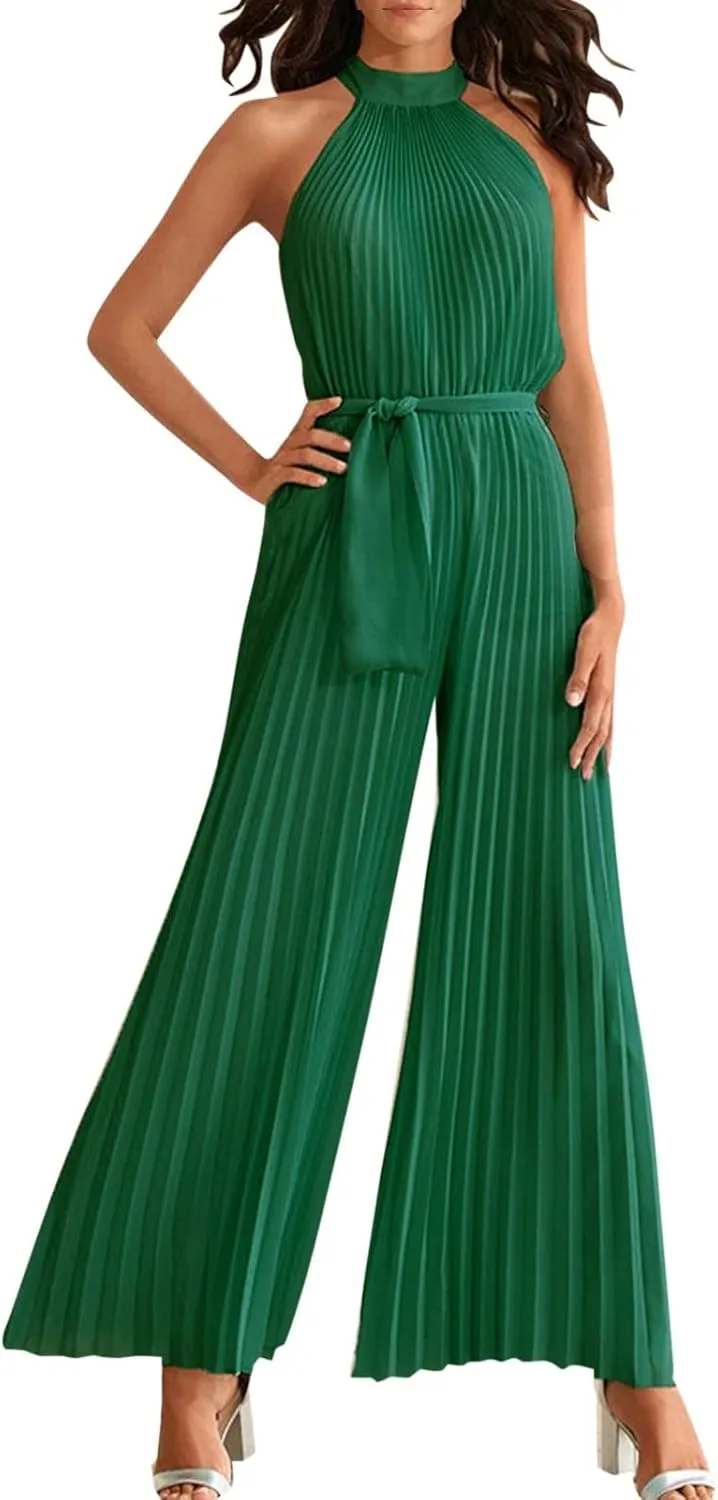 Women's Summer Linen Jumpsuit Casual Dressy Sleeveless Smocked Wide Leg Rompers Beach Wedding Guest Outfit