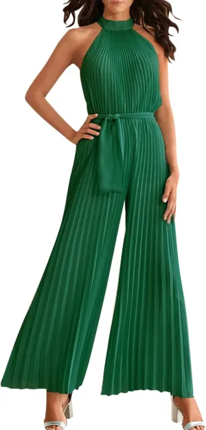 Women's Summer Linen Jumpsuit Casual Dressy Sleeveless Smocked Wide Leg Rompers Beach Wedding Guest Outfit