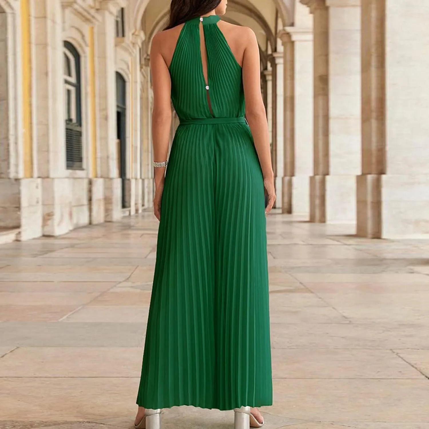 Women's Summer Linen Jumpsuit Casual Dressy Sleeveless Smocked Wide Leg Rompers Beach Wedding Guest Outfit