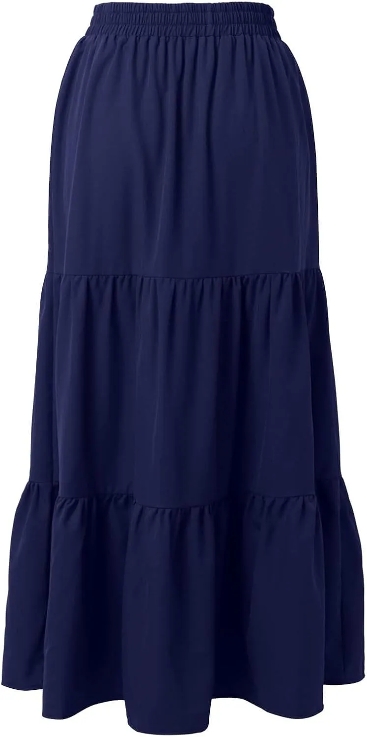Women's Summer Maxi Skirt Tiered A Line Ruffle Elastic High Waisted Flowy Beach Long Skirts with Pockets