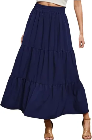 Women's Summer Maxi Skirt Tiered A Line Ruffle Elastic High Waisted Flowy Beach Long Skirts with Pockets