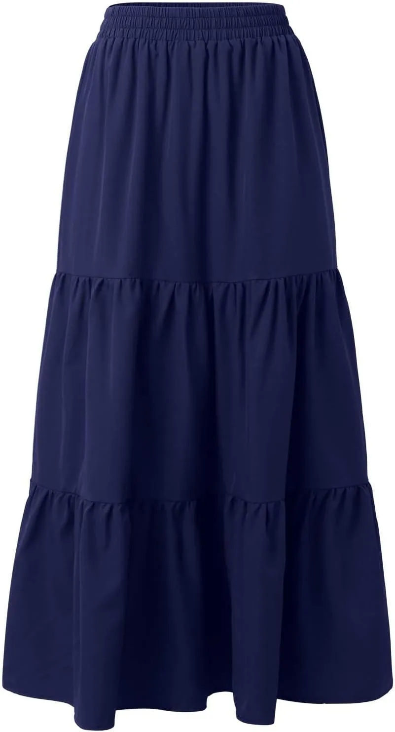 Women's Summer Maxi Skirt Tiered A Line Ruffle Elastic High Waisted Flowy Beach Long Skirts with Pockets