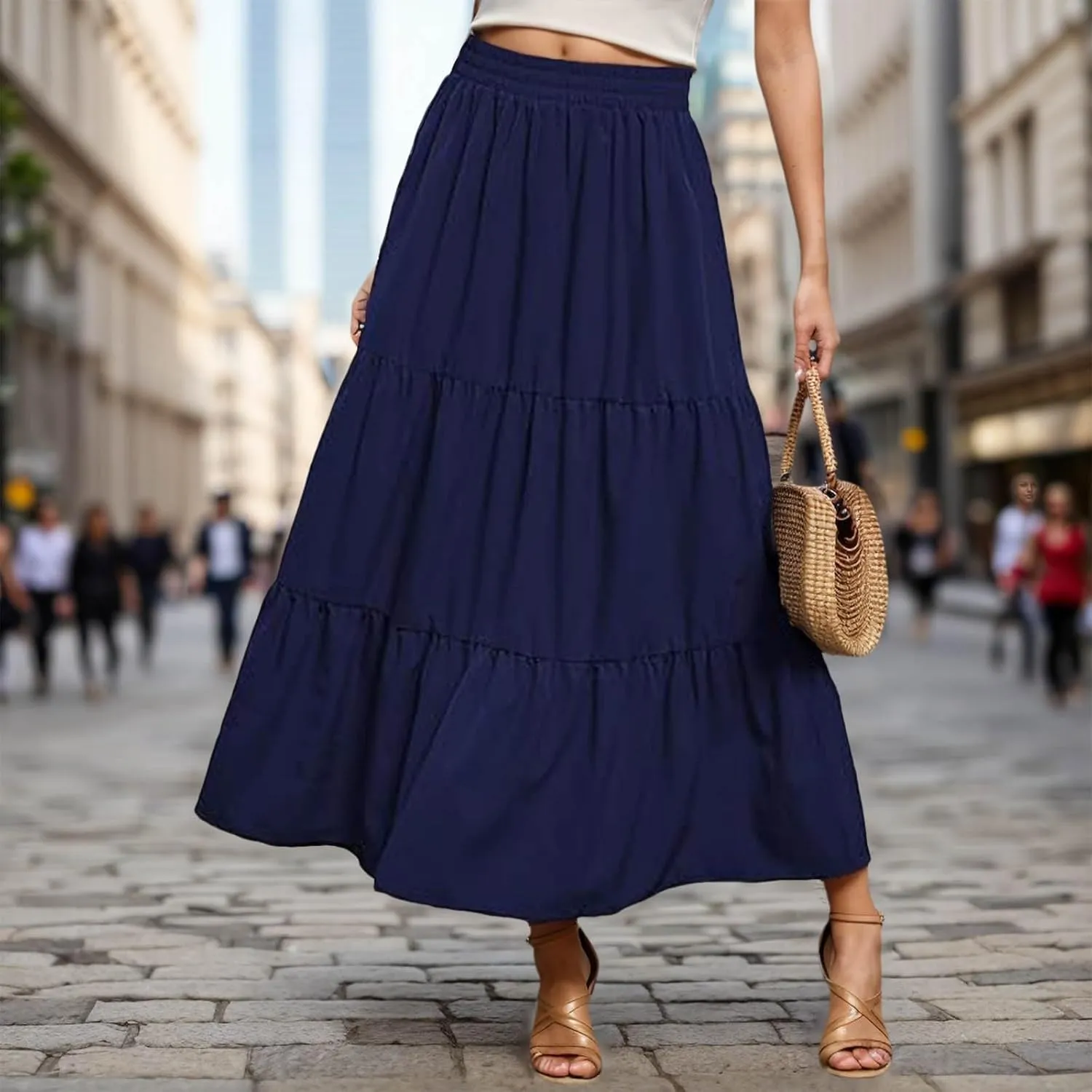 Women's Summer Maxi Skirt Tiered A Line Ruffle Elastic High Waisted Flowy Beach Long Skirts with Pockets