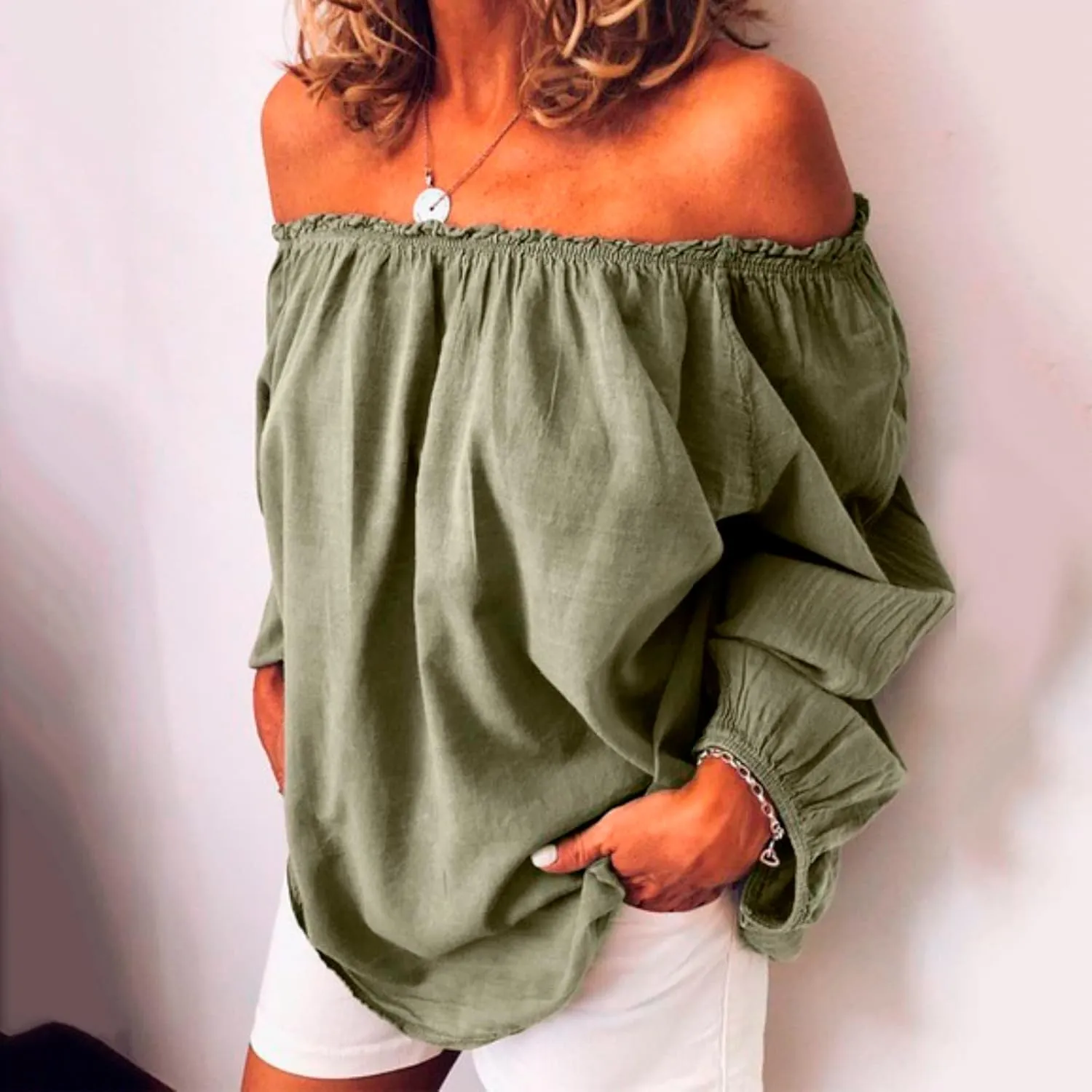 Women's Summer Off Shoulder Blouses Short Sleeves Sexy Tops Chiffon Ruffles Casual T Shirt Linen Tops