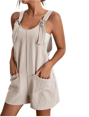 Womens Summer Rompers Casual Loose Fit Sleeveless Short Jumpsuits Adjustable Shoulder Straps Overalls with Pockets