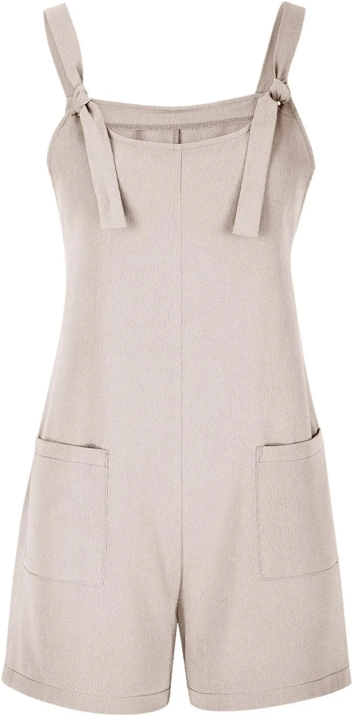 Womens Summer Rompers Casual Loose Fit Sleeveless Short Jumpsuits Adjustable Shoulder Straps Overalls with Pockets