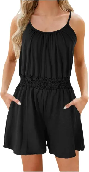 Women's Summer Rompers Dressy Casual Adjustable Spaghetti Strap Cute Jumpsuit Elastic Waist Beach Vacation Overalls