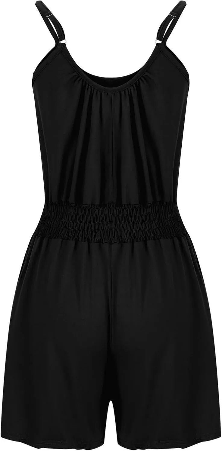 Women's Summer Rompers Dressy Casual Adjustable Spaghetti Strap Cute Jumpsuit Elastic Waist Beach Vacation Overalls