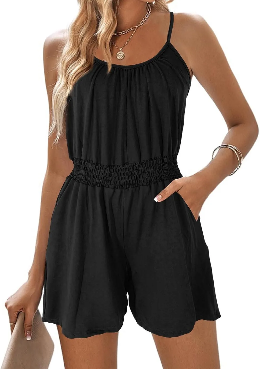 Women's Summer Rompers Dressy Casual Adjustable Spaghetti Strap Cute Jumpsuit Elastic Waist Beach Vacation Overalls