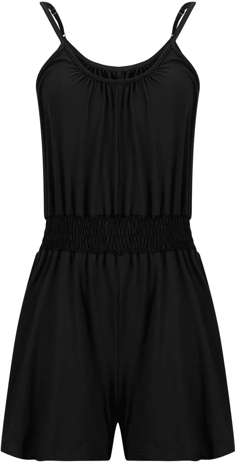 Women's Summer Rompers Dressy Casual Adjustable Spaghetti Strap Cute Jumpsuit Elastic Waist Beach Vacation Overalls