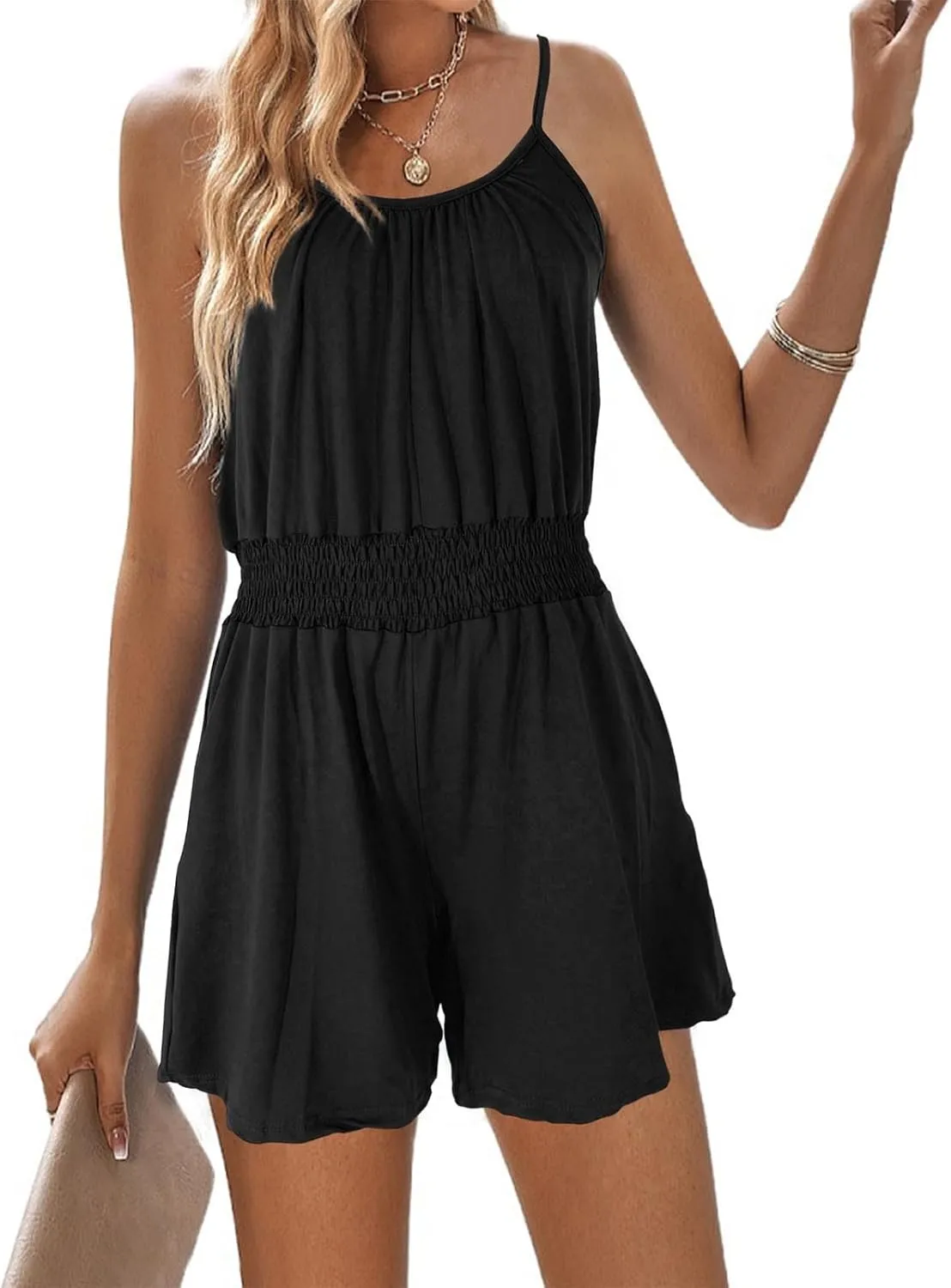 Women's Summer Rompers Dressy Casual Adjustable Spaghetti Strap Cute Jumpsuit Elastic Waist Beach Vacation Overalls