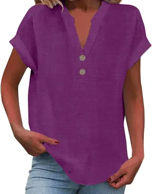 Womens Summer Tops 2025 Short Sleeve Button Down Solid Color V Neck T Shirts Cotton Linen Casual Corset Tops