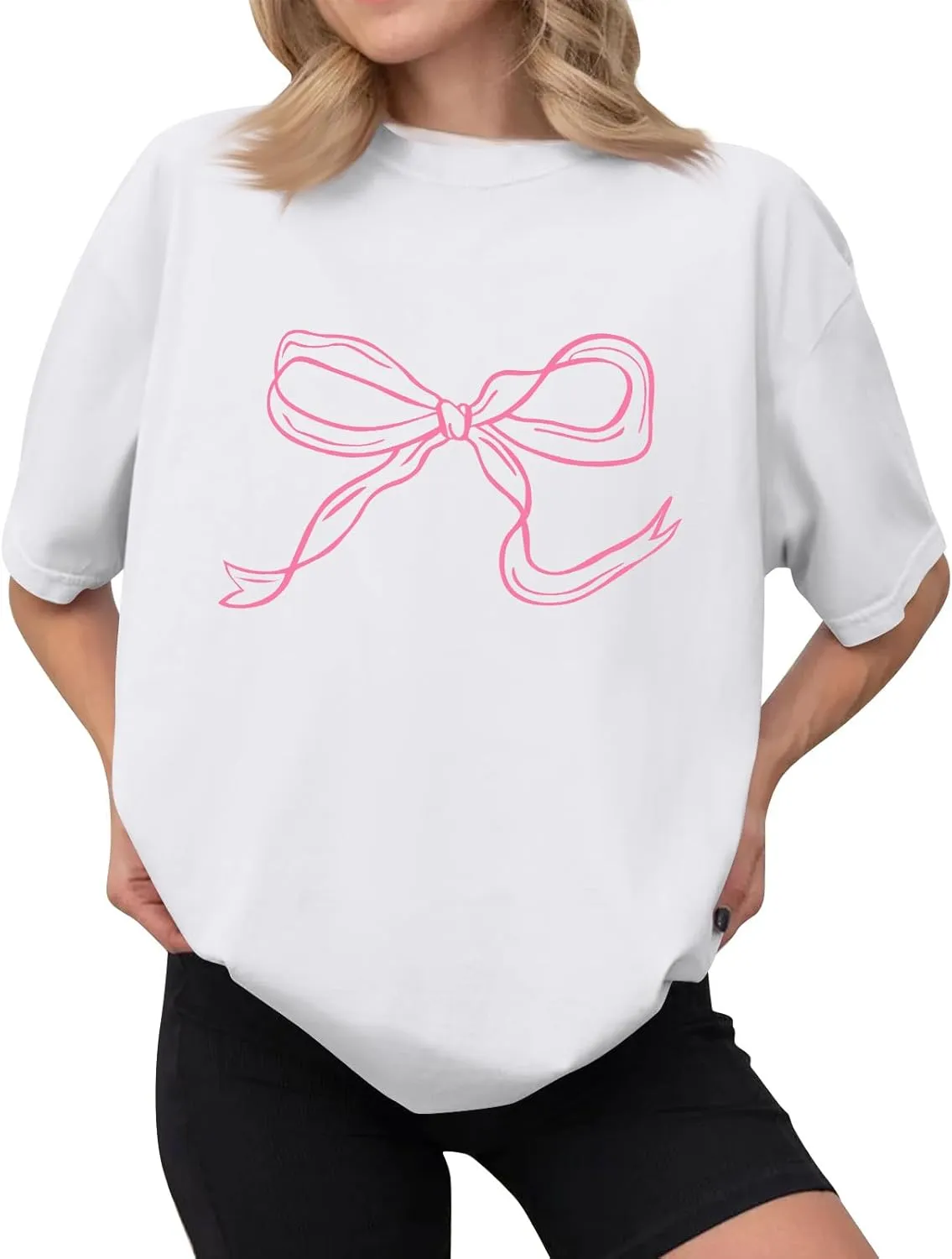 Women's Summer Tops Bow Graphic Y2K Tops Cute Short Sleeve Oversized Tshirts Casual Crewneck Cotton Preppy Shirts