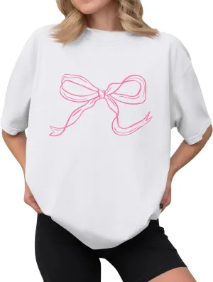Women's Summer Tops Bow Graphic Y2K Tops Cute Short Sleeve Oversized Tshirts Casual Crewneck Cotton Preppy Shirts
