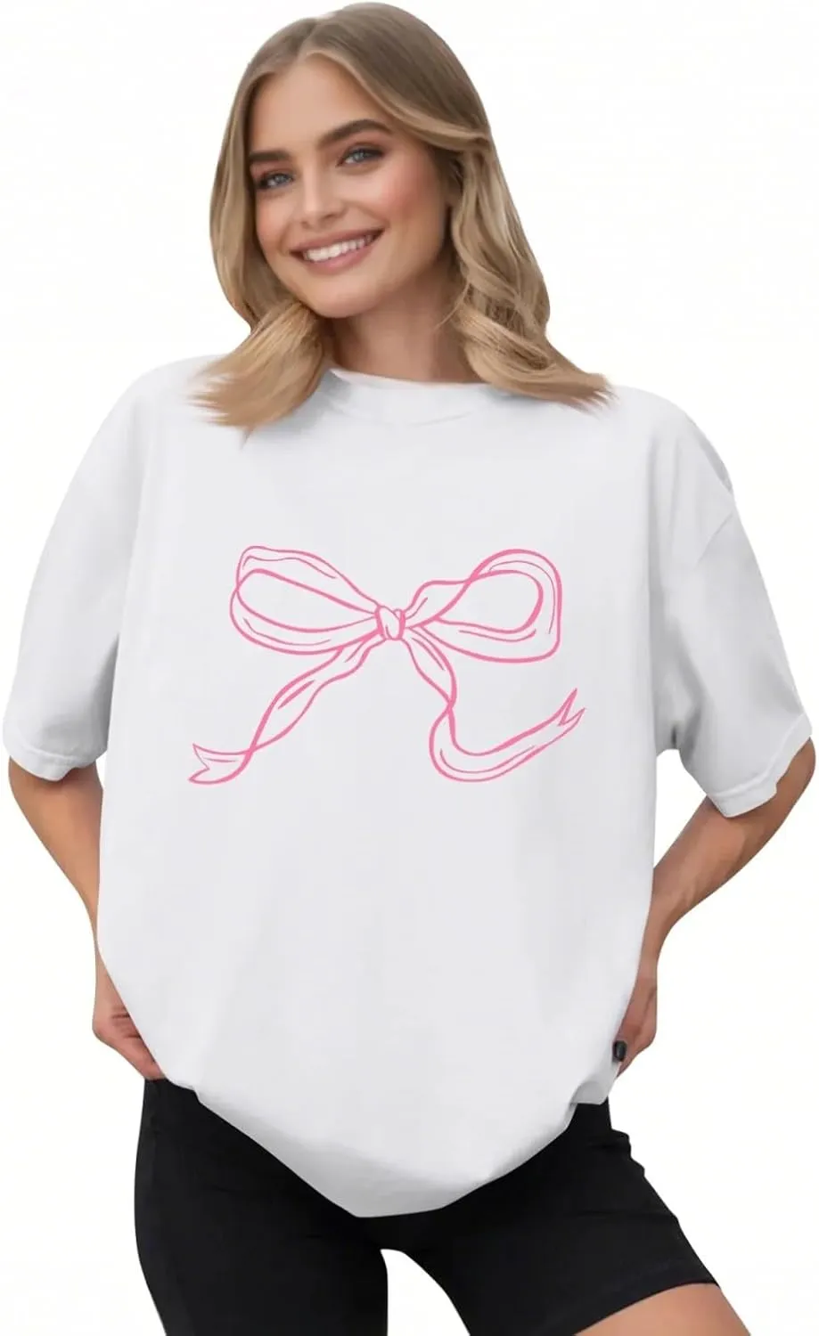 Women's Summer Tops Bow Graphic Y2K Tops Cute Short Sleeve Oversized Tshirts Casual Crewneck Cotton Preppy Shirts