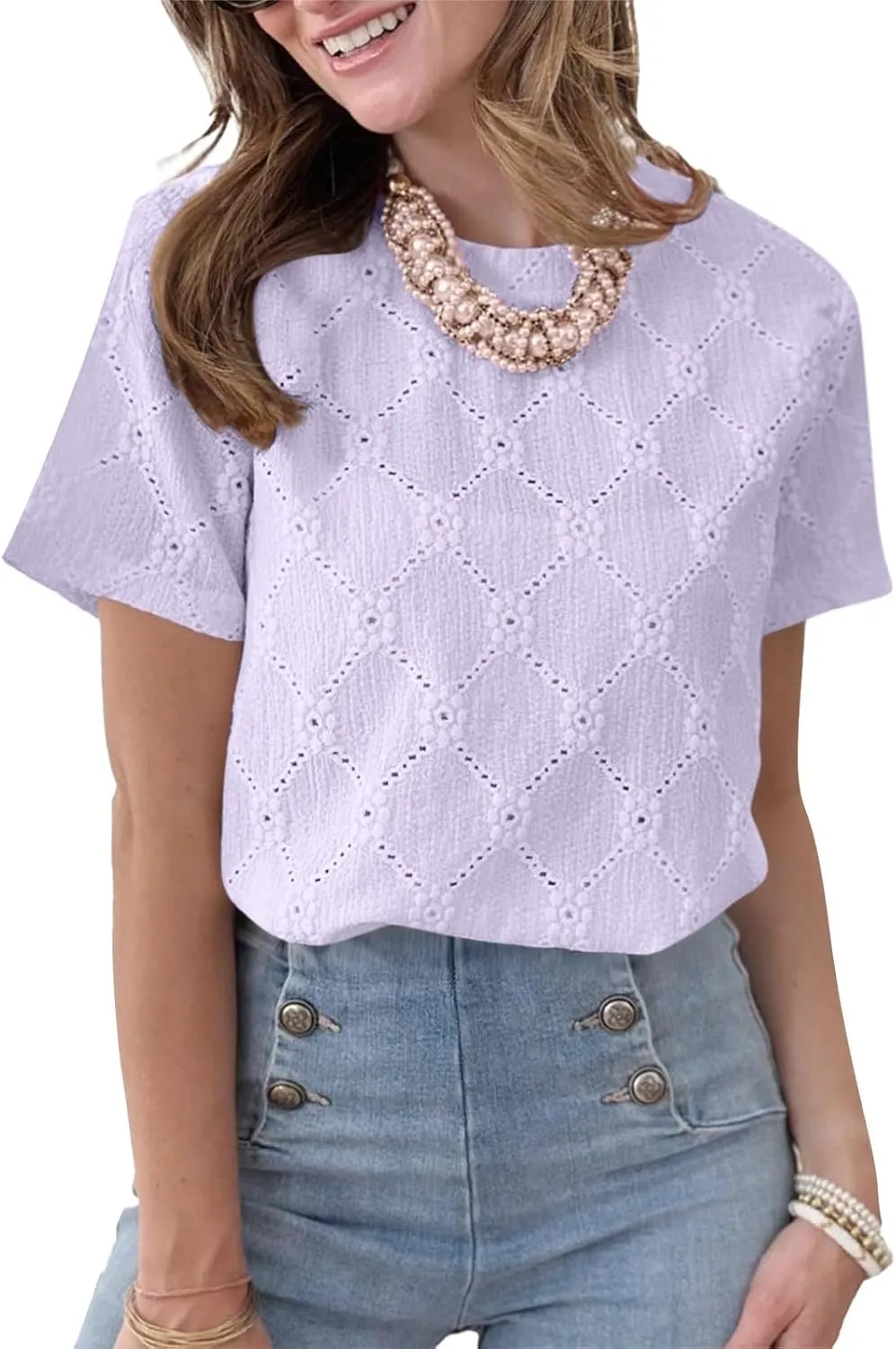 Women's Summer Tops Casual Crew Neck Short Sleeve Eyelet Embroidered Hollow Out Blouses Loose Fit Shirts