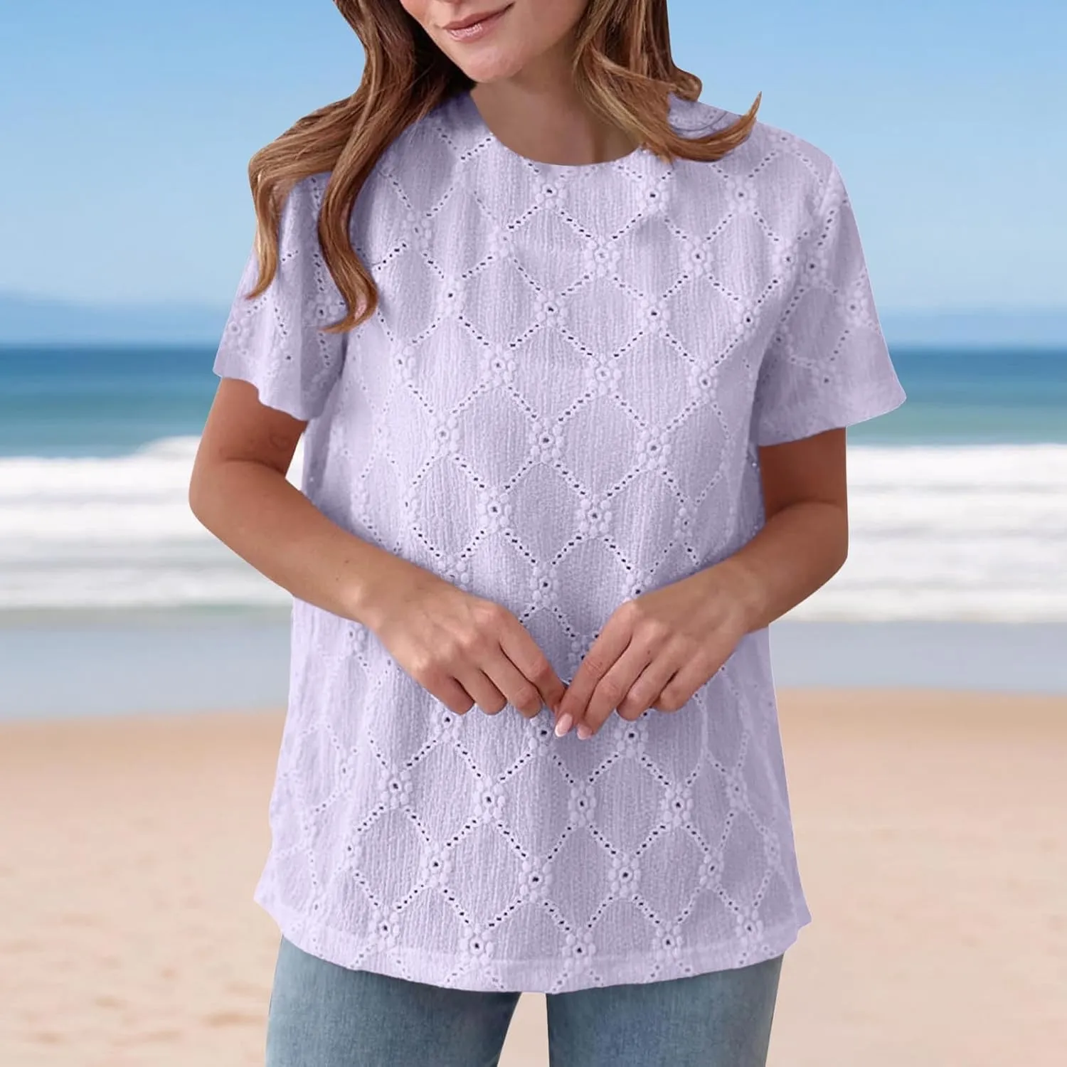 Women's Summer Tops Casual Crew Neck Short Sleeve Eyelet Embroidered Hollow Out Blouses Loose Fit Shirts