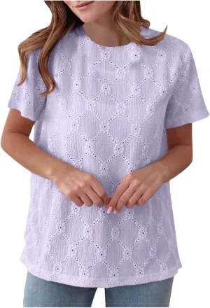Women's Summer Tops Casual Crew Neck Short Sleeve Eyelet Embroidered Hollow Out Blouses Loose Fit Shirts