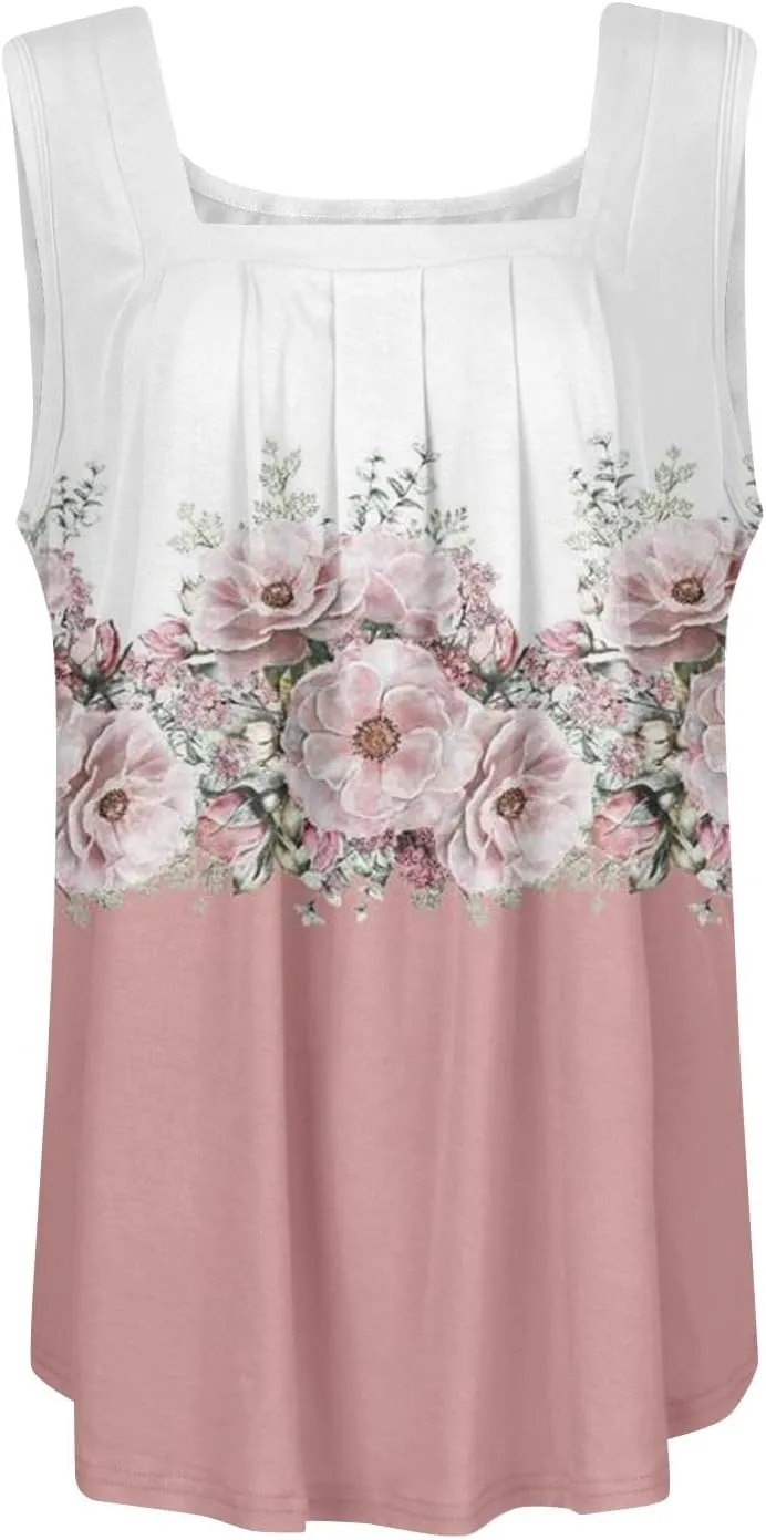 Womens Summer Tops Plus Size Sleeveless Causal Printed Square Neck Comfort Pleated Tank Tops for Women