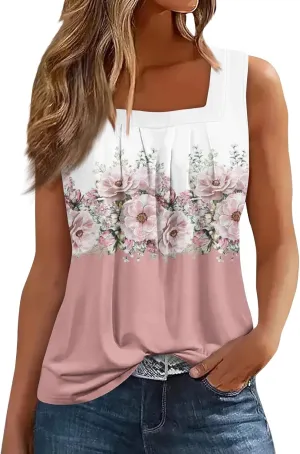Womens Summer Tops Plus Size Sleeveless Causal Printed Square Neck Comfort Pleated Tank Tops for Women