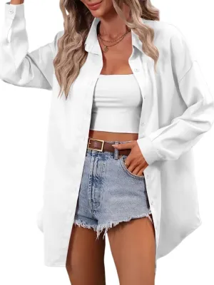 Womens Summer Work Blouse Solid Drop Shoulder Button Front Shirt Long Sleeve Tops Tops