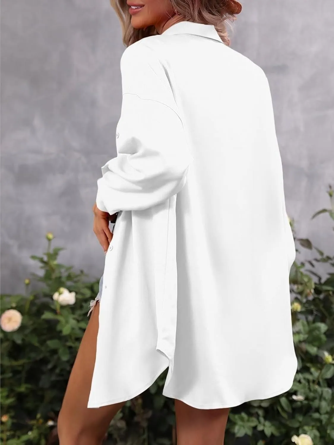 Womens Summer Work Blouse Solid Drop Shoulder Button Front Shirt Long Sleeve Tops Tops