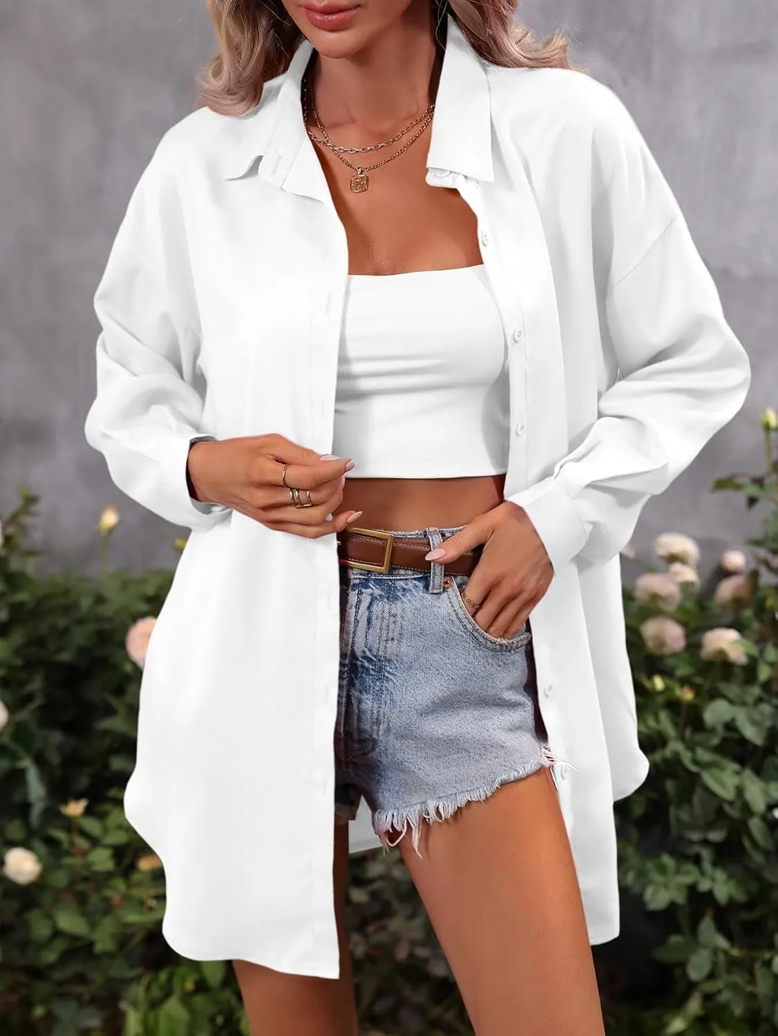 Womens Summer Work Blouse Solid Drop Shoulder Button Front Shirt Long Sleeve Tops Tops