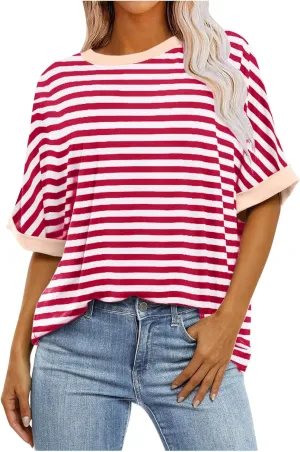 Womens Sweatshirt Casual Striped Color Block Short Sleeve Crewneck Shirt Summer Y2k Tops Oversized Tshirts for Women