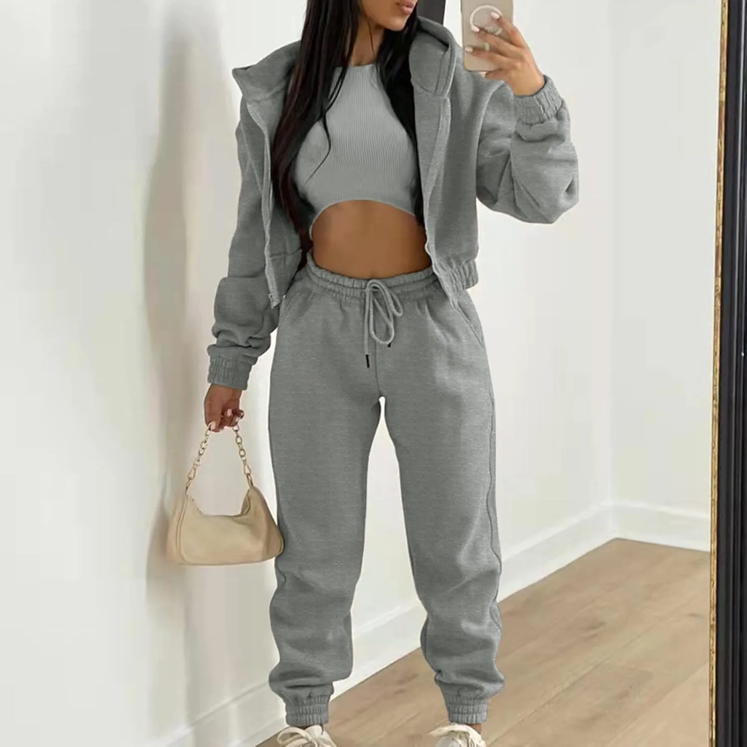 Womens Sweatsuits 3 Piece Set, Loose Pullover Hoodies Tops and Sweatpants Tracksuit Jogger Set Lounge Matching Set