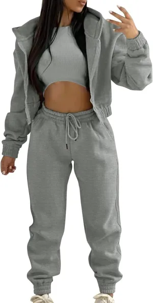 Womens Sweatsuits 3 Piece Set, Loose Pullover Hoodies Tops and Sweatpants Tracksuit Jogger Set Lounge Matching Set