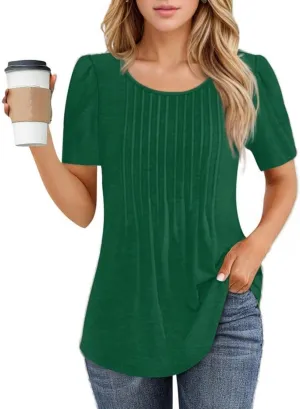 Womens T Shirts Short Sleeve 2025 Dressy Casual Pleated Crewneck Summer Tops Clothes Tees Floral Print Blouse Shirts
