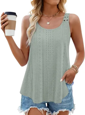 Womens Tank Tops Loose Fit Summer Eyelet Tank Tops Loose Trendy Scoop Neck Sleeveless Flowy Beach Vacation Shirts