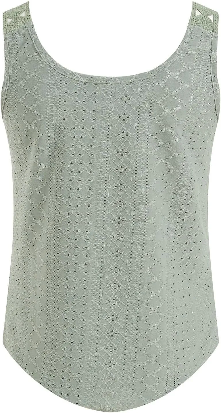 Womens Tank Tops Loose Fit Summer Eyelet Tank Tops Loose Trendy Scoop Neck Sleeveless Flowy Beach Vacation Shirts