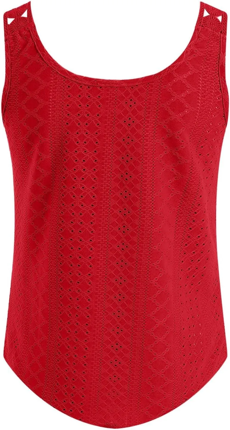 Womens Tank Tops Loose Fit Summer Eyelet Tank Tops Loose Trendy Scoop Neck Sleeveless Flowy Beach Vacation Shirts