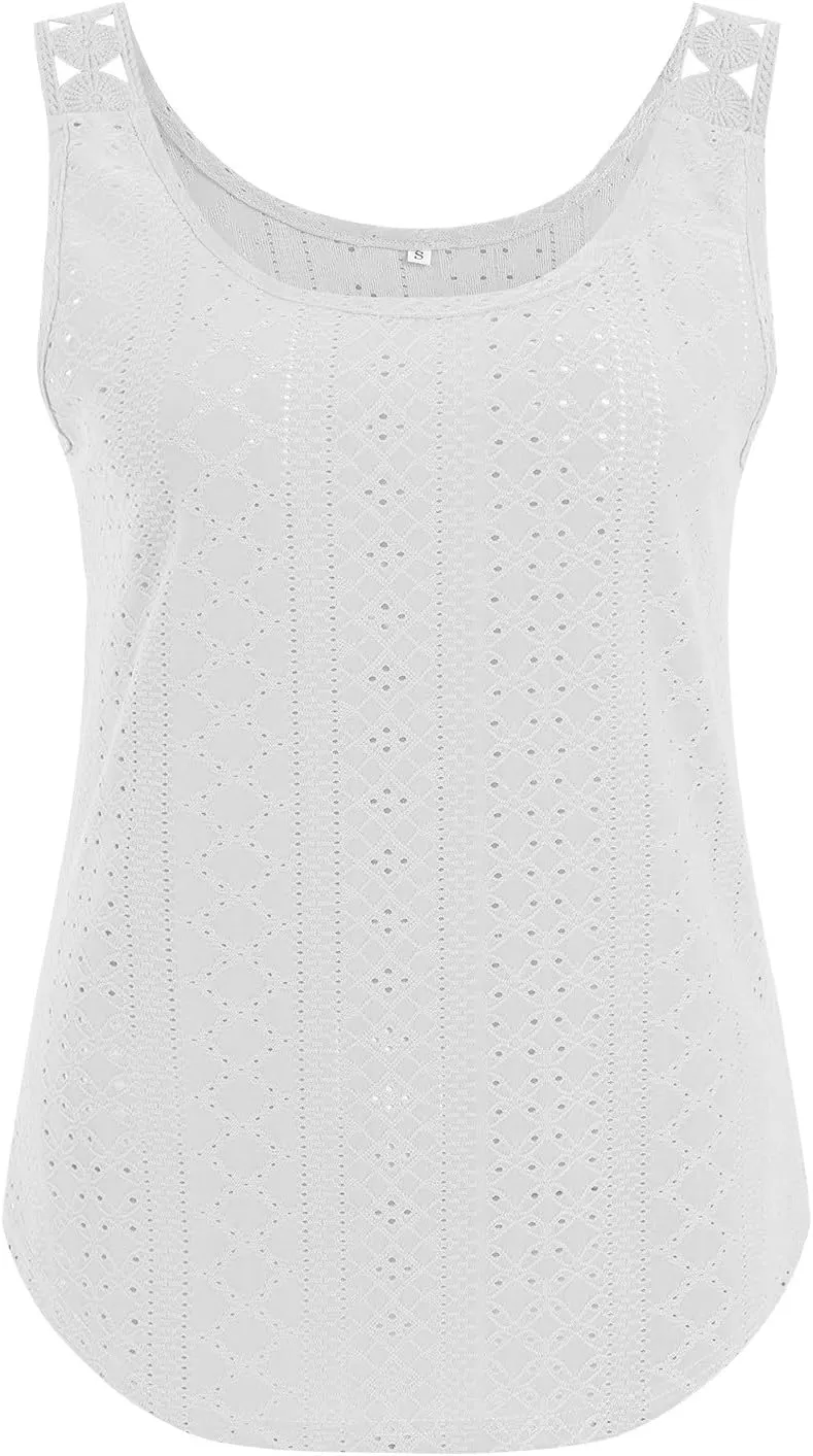 Womens Tank Tops Loose Fit Summer Eyelet Tank Tops Loose Trendy Scoop Neck Sleeveless Flowy Beach Vacation Shirts
