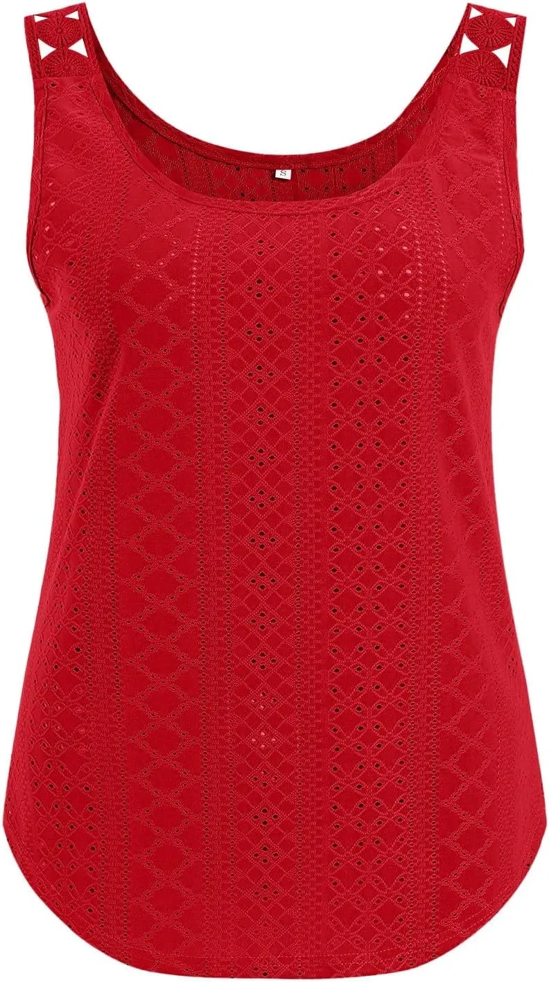 Womens Tank Tops Loose Fit Summer Eyelet Tank Tops Loose Trendy Scoop Neck Sleeveless Flowy Beach Vacation Shirts