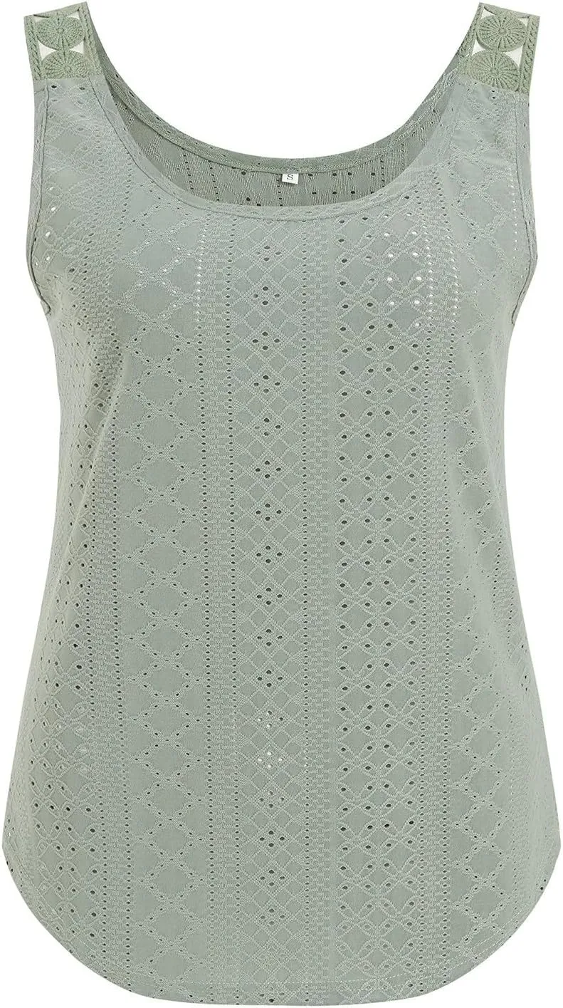 Womens Tank Tops Loose Fit Summer Eyelet Tank Tops Loose Trendy Scoop Neck Sleeveless Flowy Beach Vacation Shirts