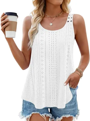 Womens Tank Tops Loose Fit Summer Eyelet Tank Tops Loose Trendy Scoop Neck Sleeveless Flowy Beach Vacation Shirts