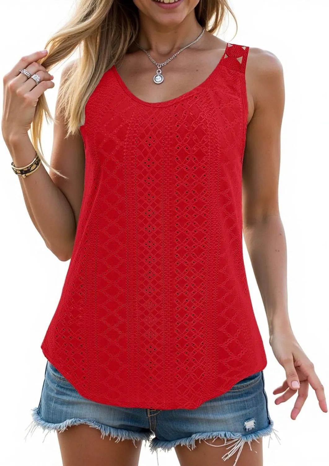 Womens Tank Tops Loose Fit Summer Eyelet Tank Tops Loose Trendy Scoop Neck Sleeveless Flowy Beach Vacation Shirts